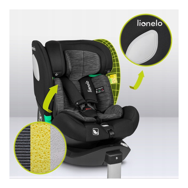 Scaun auto, Lionelo, i-Size Braam, 0-36 Kg, 40-150 cm, Cu isofix si picior de fixare, Protectie laterala, Rotire 360 grade, Ajustare spatar in 5 pozitii, Tetiera reglabila in 14 trepte, Conform cu standardul european de securitate R129, Negru - gogobaby.ro