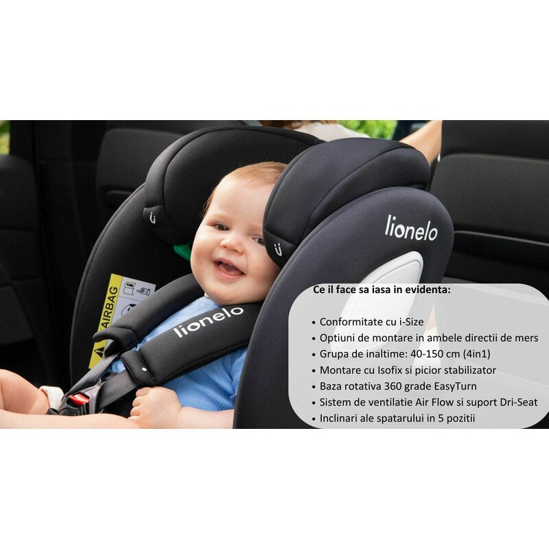 Scaun auto, Lionelo, i-Size Braam, 0-36 Kg, 40-150 cm, Cu isofix si picior de fixare, Protectie laterala, Rotire 360 grade, Ajustare spatar in 5 pozitii, Tetiera reglabila in 14 trepte, Conform cu standardul european de securitate R129, Negru - gogobaby.ro