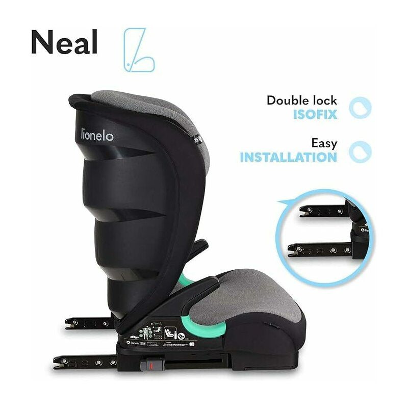 Scaun auto i-Size, Lionelo, Neal, Spatar reglabil in 3 pozitii, Tetiera in 14 pozitii, Suport sticla inclus, 15-36 Kg, 100-150 cm, Cu Isofix, Conform ECE R129, Gri - gogobaby.ro
