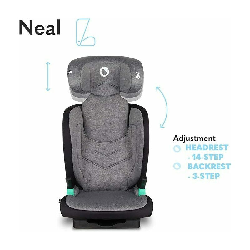 Scaun auto i-Size, Lionelo, Neal, Spatar reglabil in 3 pozitii, Tetiera in 14 pozitii, Suport sticla inclus, 15-36 Kg, 100-150 cm, Cu Isofix, Conform ECE R129, Gri - gogobaby.ro