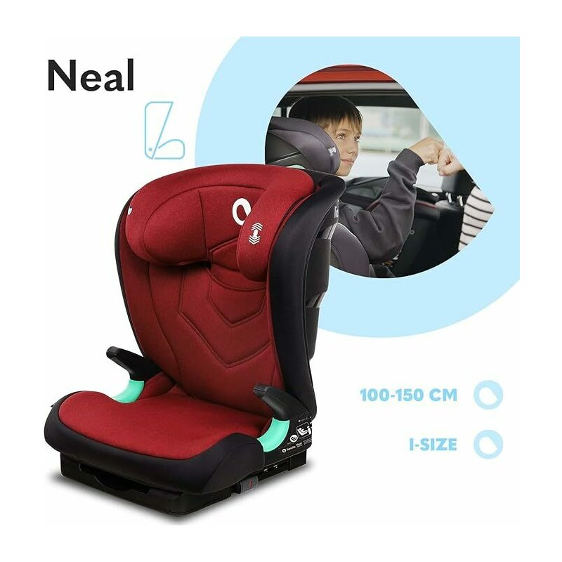 Scaun auto i-Size, Lionelo, Neal, Spatar reglabil in 3 pozitii, Tetiera in 14 pozitii, Suport sticla inclus, 15-36 Kg, 100-150 cm, Cu Isofix, Conform ECE R129, Rosu