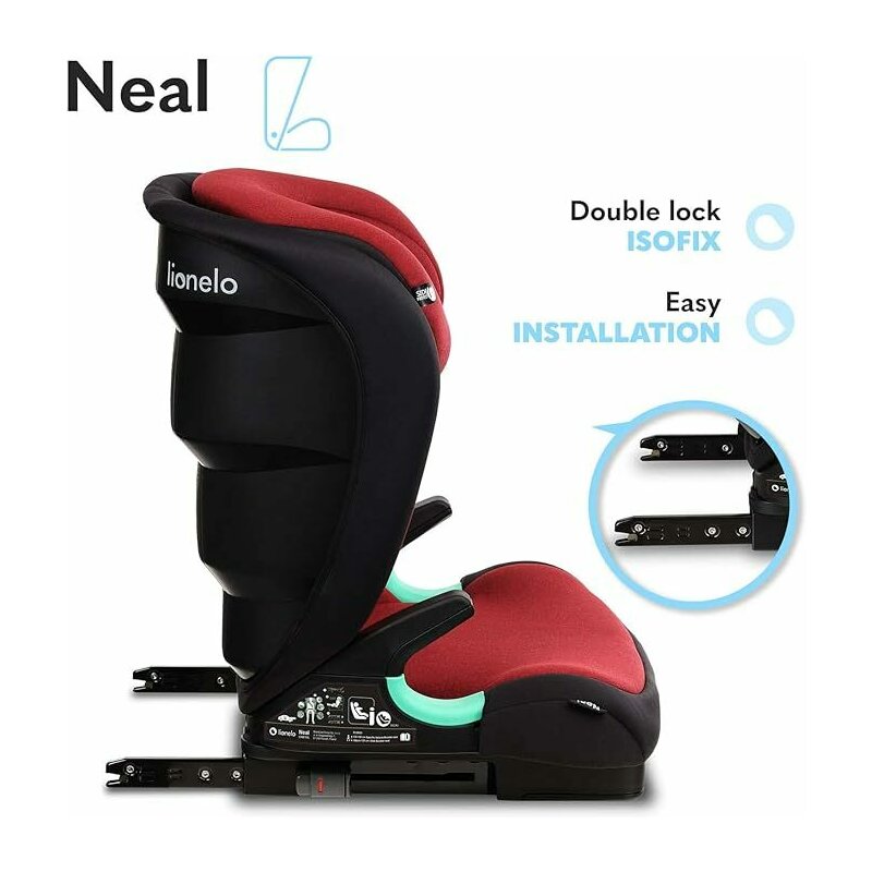 Scaun auto i-Size, Lionelo, Neal, Spatar reglabil in 3 pozitii, Tetiera in 14 pozitii, Suport sticla inclus, 15-36 Kg, 100-150 cm, Cu Isofix, Conform ECE R129, Rosu