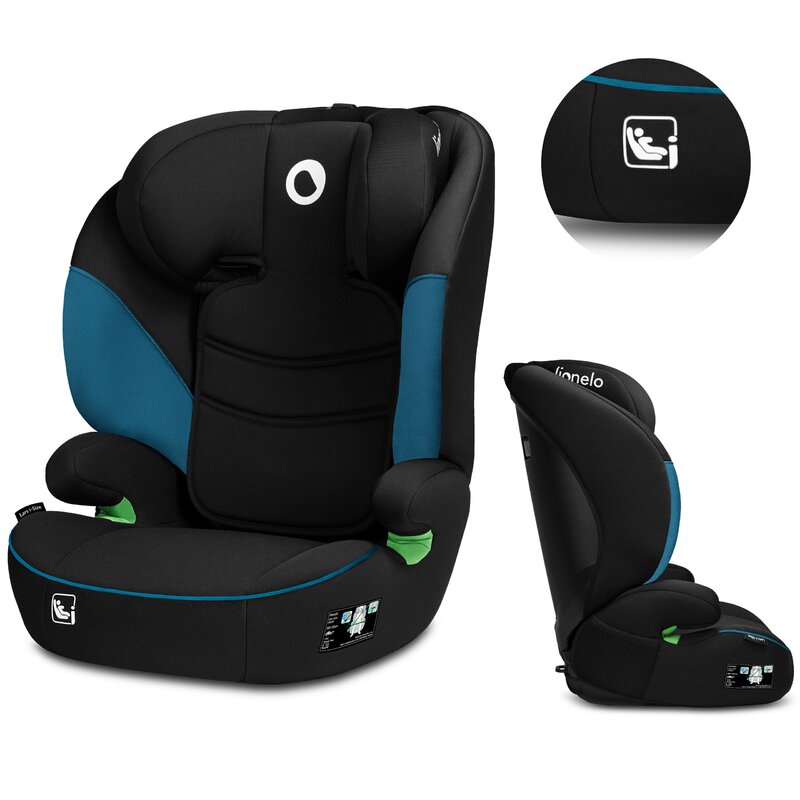 Scaun auto, Lionelo, Lars i-Size, Cu tetiera reglabila in 10 pozitii, Cu pozitionare spre sensul de mers, 15-36 Kg, 100-150 cm, Conform cu standardul european de securitate ECE R129/03, Negru/Albastru - gogobaby.ro