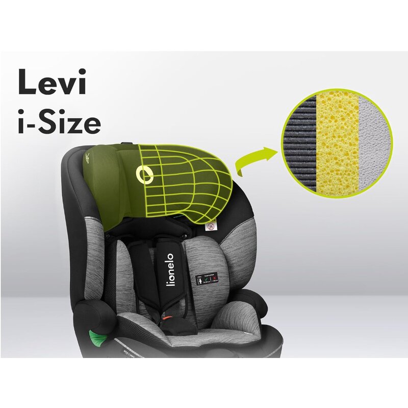 Scaun auto, Lionelo, Levi One i-Size, Universal, Instalare FWF, Cu tetiera reglabila in 10 pozitii, Cu spatar detasabil, 76-150 cm, Conform cu R129, Gri - gogobaby.ro