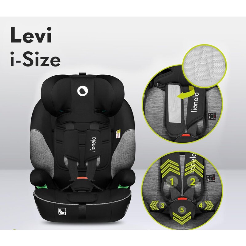 Scaun auto, Lionelo, Levi One i-Size, Universal, Instalare FWF, Cu tetiera reglabila in 10 pozitii, Cu spatar detasabil, 76-150 cm, Conform cu R129, Gri - gogobaby.ro