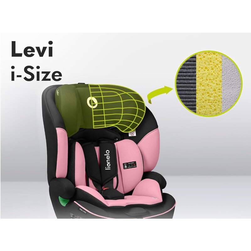 Scaun auto, Lionelo, Levi One i-Size, Universal, Instalare FWF, Cu tetiera reglabila in 10 pozitii, Cu spatar detasabil, 76-150 cm, Conform cu R129, Roz - gogobaby.ro