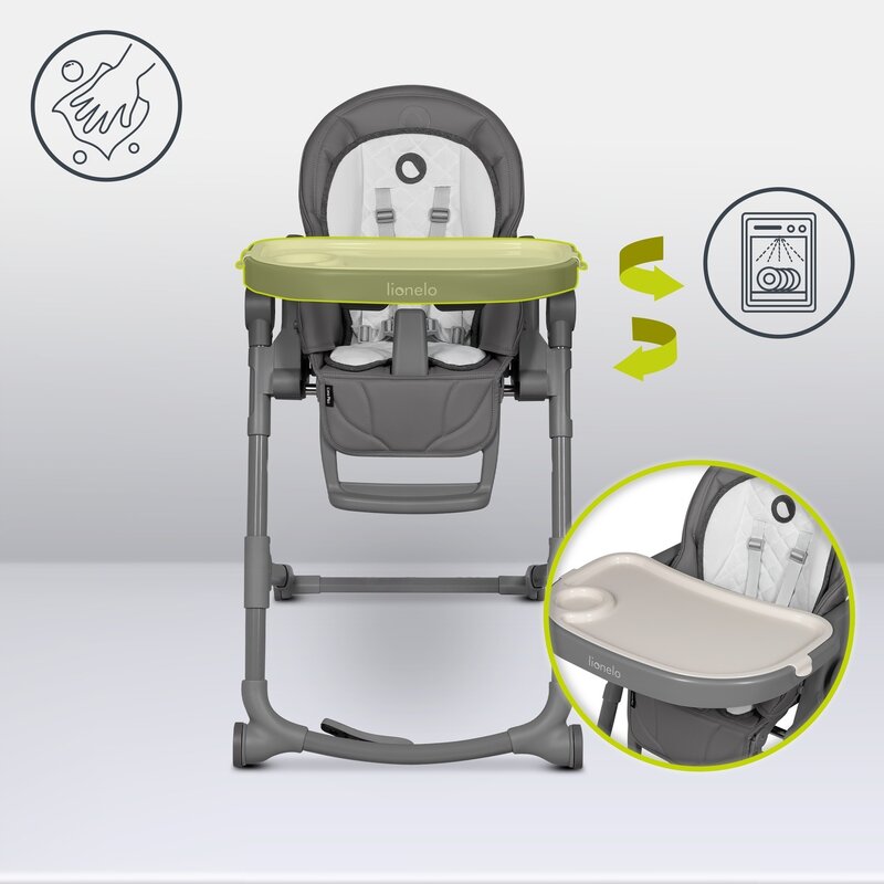 Scaun de masa, Lionelo, Cora Plus, Multifunctional, Reglabil in 4 pozitii pe inaltime, Spatar reglabil in 3 pozitii, Cu bara de jucarii, Pliabil, Conform cu standardul european de securitate EN14988, Verde