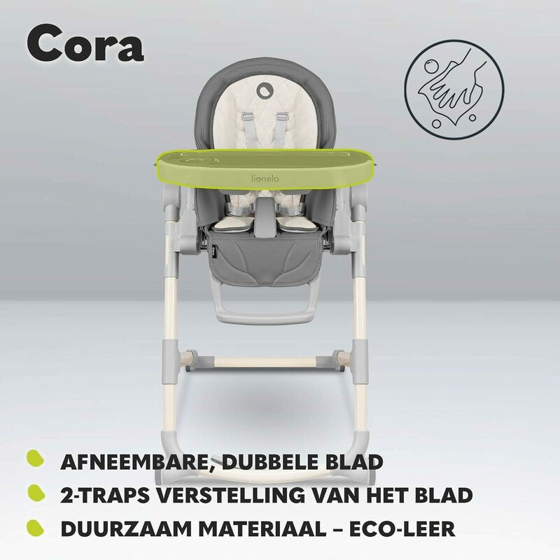 Scaun de masa, Lionelo, Cora Plus, Multifunctional, Reglabil in 4 pozitii pe inaltime, Spatar reglabil in 3 pozitii, Cu bara de jucarii, Pliabil, Conform cu standardul european de securitate EN14988, Verde