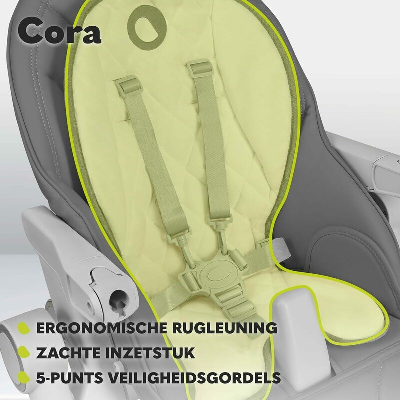 Scaun de masa, Lionelo, Cora Plus, Multifunctional, Reglabil in 4 pozitii pe inaltime, Spatar reglabil in 3 pozitii, Cu bara de jucarii, Pliabil, Conform cu standardul european de securitate EN14988, Verde