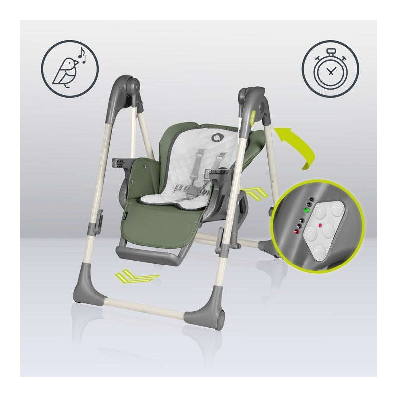 Scaun de masa si balansoar, Lionelo, Laurice, 2 in 1, Transformabil, Multifunctional, Inaltime si spatar reglabile, Cu melodii de leagan, 0 luni+, Conform cu standardele europene de securitate EN 14988, EN 16120, Verde - gogobaby.ro