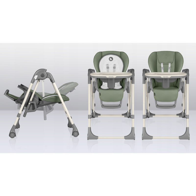 Scaun de masa si balansoar, Lionelo, Laurice, 2 in 1, Transformabil, Multifunctional, Inaltime si spatar reglabile, Cu melodii de leagan, 0 luni+, Conform cu standardele europene de securitate EN 14988, EN 16120, Verde - gogobaby.ro