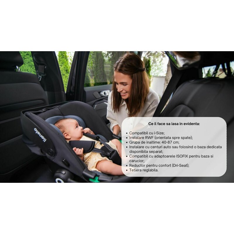 Scoica auto, Lionelo, i-Size Astrid, 0-13 Kg, 40-87 cm, Cu salteluta, Testat ADAC, Conform cu standardul european de securitate R129, Negru/Gri