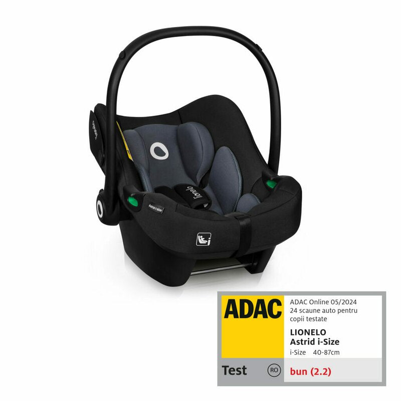 Scoica auto, Lionelo, i-Size Astrid, 0-13 Kg, 40-87 cm, Cu salteluta, Testat ADAC, Conform cu standardul european de securitate R129, Negru/Gri