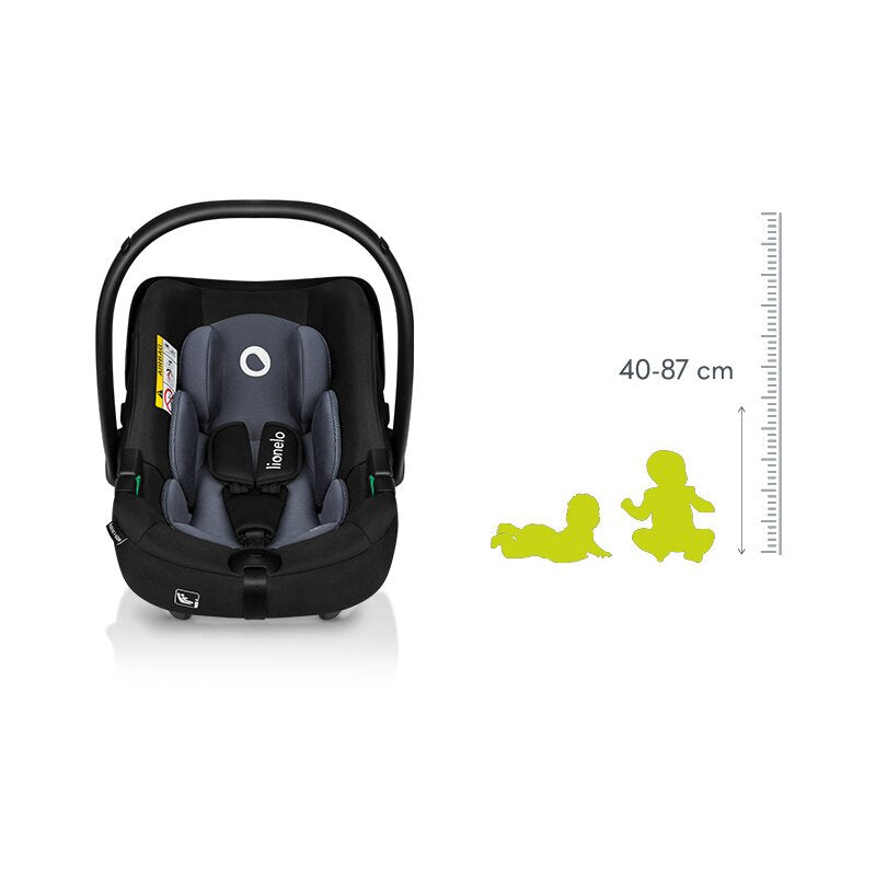 Scoica auto, Lionelo, i-Size Astrid, 0-13 Kg, 40-87 cm, Cu salteluta, Testat ADAC, Conform cu standardul european de securitate R129, Negru/Gri