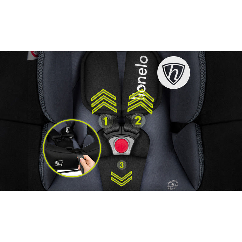 Scoica auto, Lionelo, i-Size Astrid, 0-13 Kg, 40-87 cm, Cu salteluta, Testat ADAC, Conform cu standardul european de securitate R129, Negru/Gri