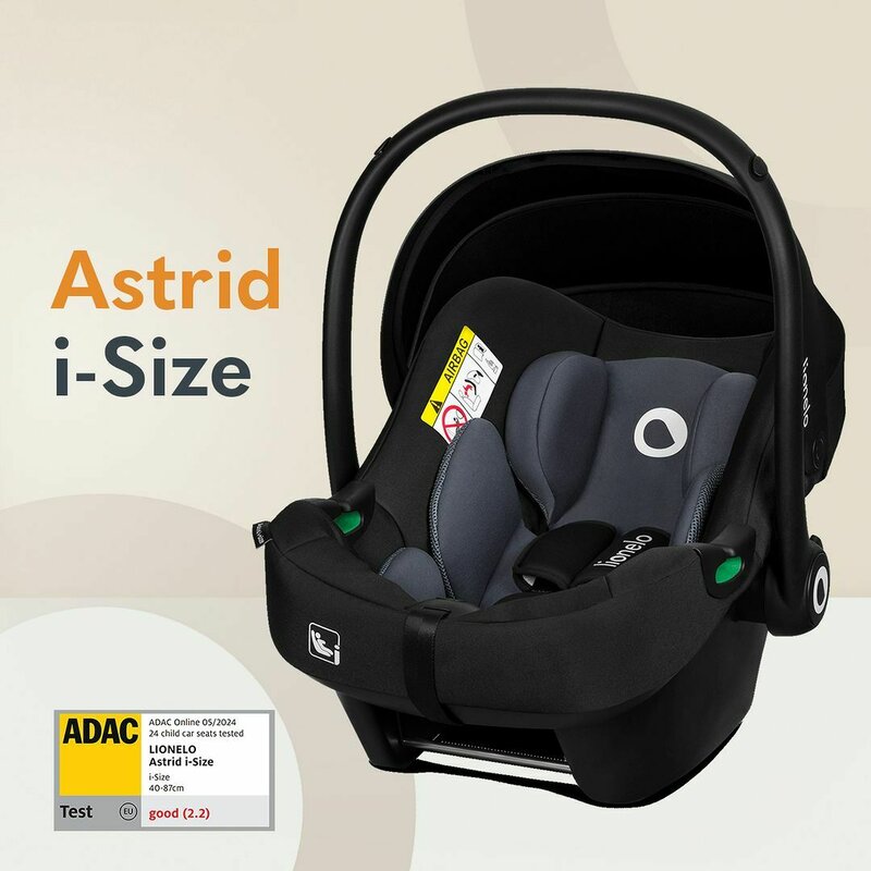 Scoica auto, Lionelo, i-Size Astrid, 0-13 Kg, 40-87 cm, Cu salteluta, Testat ADAC, Conform cu standardul european de securitate R129, Negru/Gri