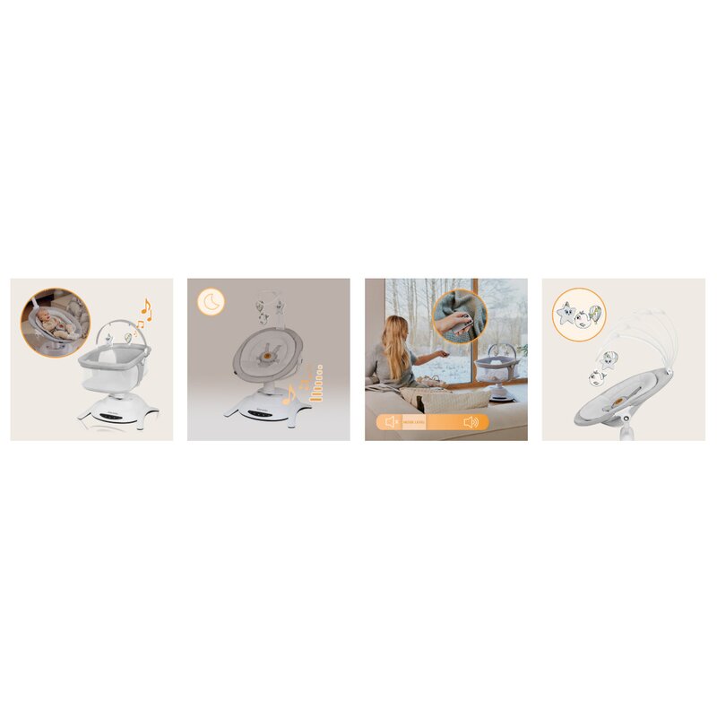 Set 2 in 1, Balansoar si landou, Lionelo, Bella, Rotative 360, Ecran tactil si telecomanda, Electric, Scaun reglabil, 6 miscari unice, 5 viteze, Cu melodii, Gri - gogobaby.ro