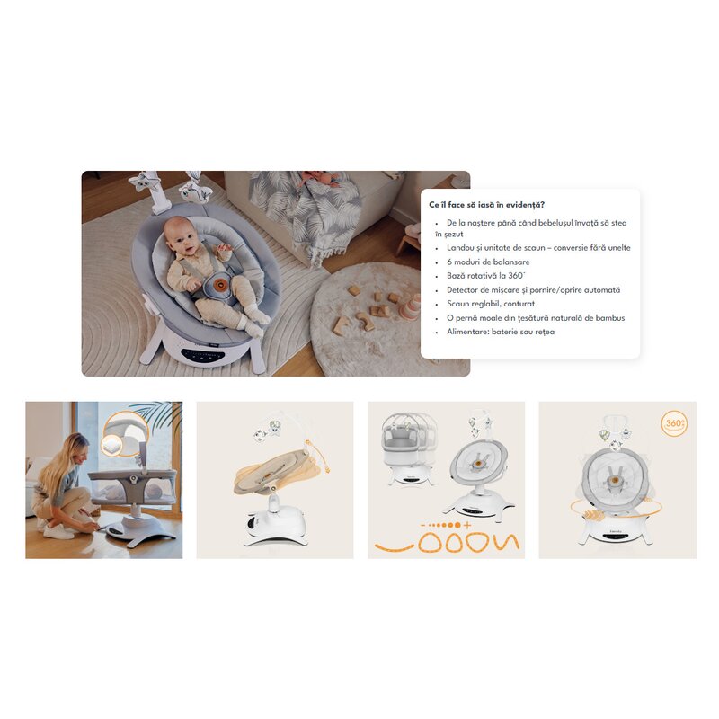 Set 2 in 1, Balansoar si landou, Lionelo, Bella, Rotative 360, Ecran tactil si telecomanda, Electric, Scaun reglabil, 6 miscari unice, 5 viteze, Cu melodii, Gri - gogobaby.ro