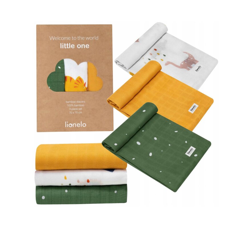 Set 3 museline, Lionelo, Bamboo, Multifunctionale, Din Bambus, 70x70 cm, Dino - gogobaby.ro