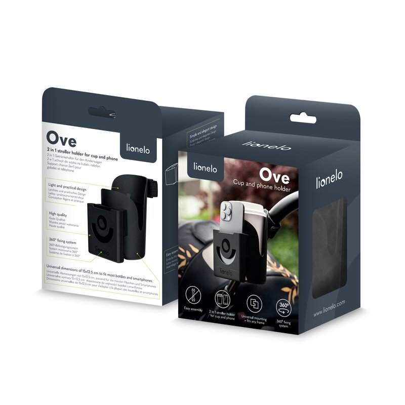 Suport universal pentru biberon/pahar si telefon, Lionelo, Ove, Cu sistem de rotire 360, Negru - gogobaby.ro