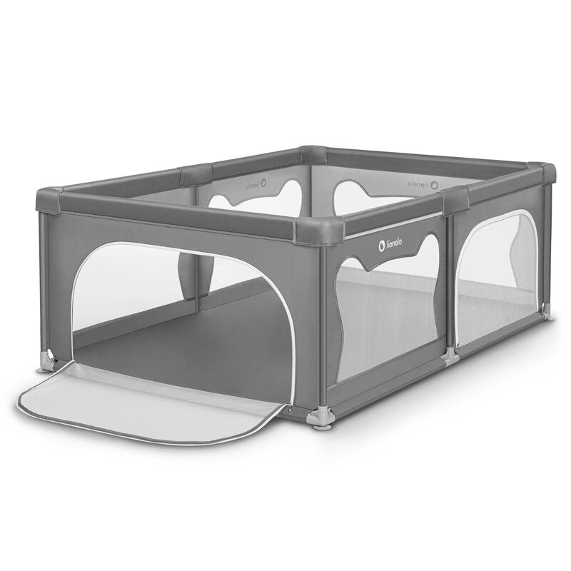 Tarc de joaca copii, Lionelo, Willow, 127 x 187 cm, Pliere compacta, Include geanta de transport, Din plasa, Cu doua intrari laterale si fermoar, Cu ventuze pentru stabilitate, Conform cu EN 12227:2010, Gri - gogobaby.ro