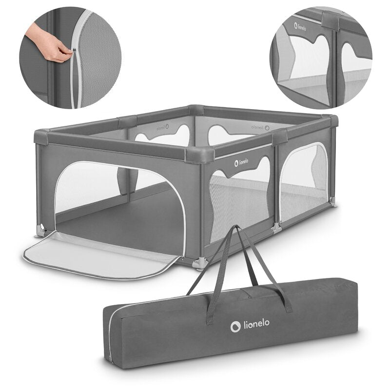Tarc de joaca copii, Lionelo, Willow, 127 x 187 cm, Pliere compacta, Include geanta de transport, Din plasa, Cu doua intrari laterale si fermoar, Cu ventuze pentru stabilitate, Conform cu EN 12227:2010, Gri - gogobaby.ro