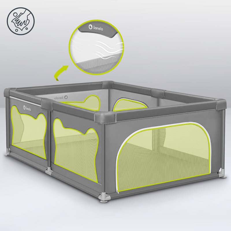 Tarc de joaca copii, Lionelo, Willow, 127 x 187 cm, Pliere compacta, Include geanta de transport, Din plasa, Cu doua intrari laterale si fermoar, Cu ventuze pentru stabilitate, Conform cu EN 12227:2010, Gri - gogobaby.ro