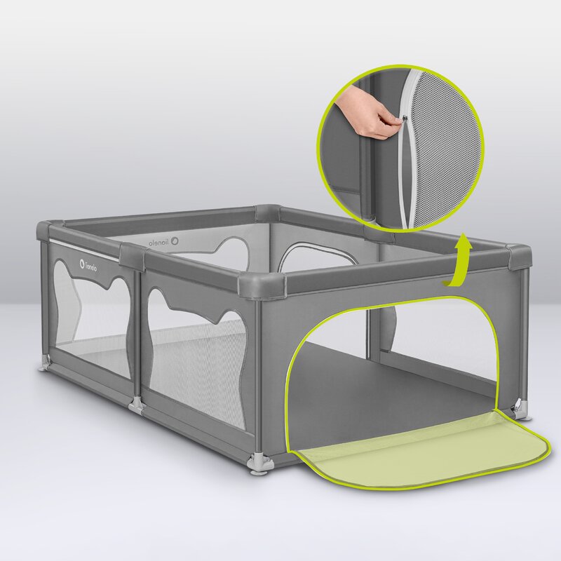 Tarc de joaca copii, Lionelo, Willow, 127 x 187 cm, Pliere compacta, Include geanta de transport, Din plasa, Cu doua intrari laterale si fermoar, Cu ventuze pentru stabilitate, Conform cu EN 12227:2010, Gri - gogobaby.ro
