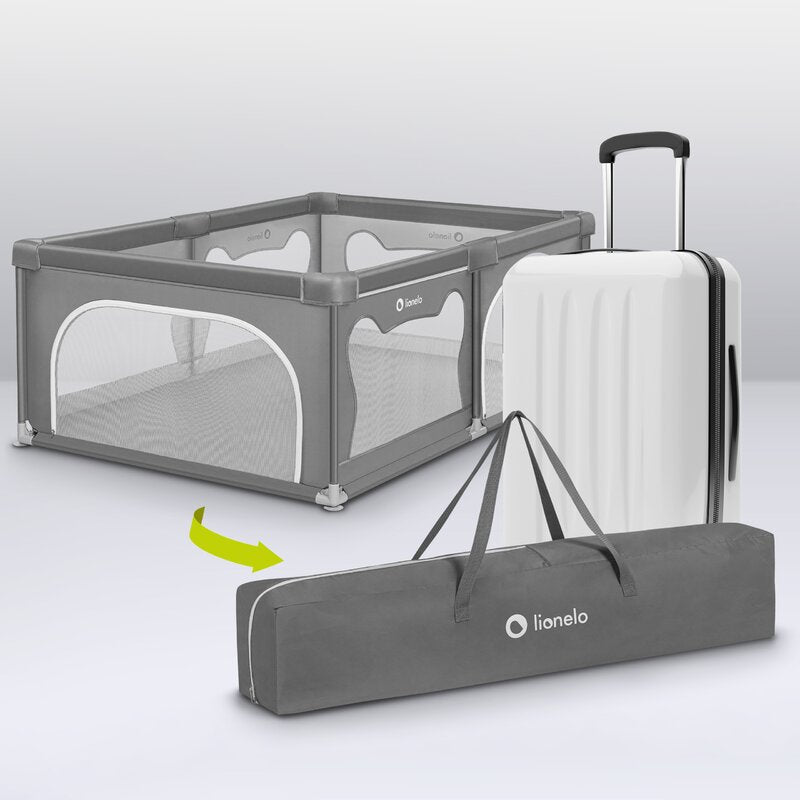 Tarc de joaca copii, Lionelo, Willow, 127 x 187 cm, Pliere compacta, Include geanta de transport, Din plasa, Cu doua intrari laterale si fermoar, Cu ventuze pentru stabilitate, Conform cu EN 12227:2010, Gri - gogobaby.ro