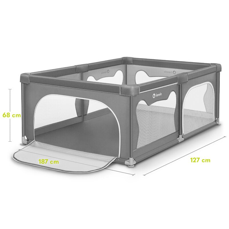 Tarc de joaca copii, Lionelo, Willow, 127 x 187 cm, Pliere compacta, Include geanta de transport, Din plasa, Cu doua intrari laterale si fermoar, Cu ventuze pentru stabilitate, Conform cu EN 12227:2010, Gri - gogobaby.ro