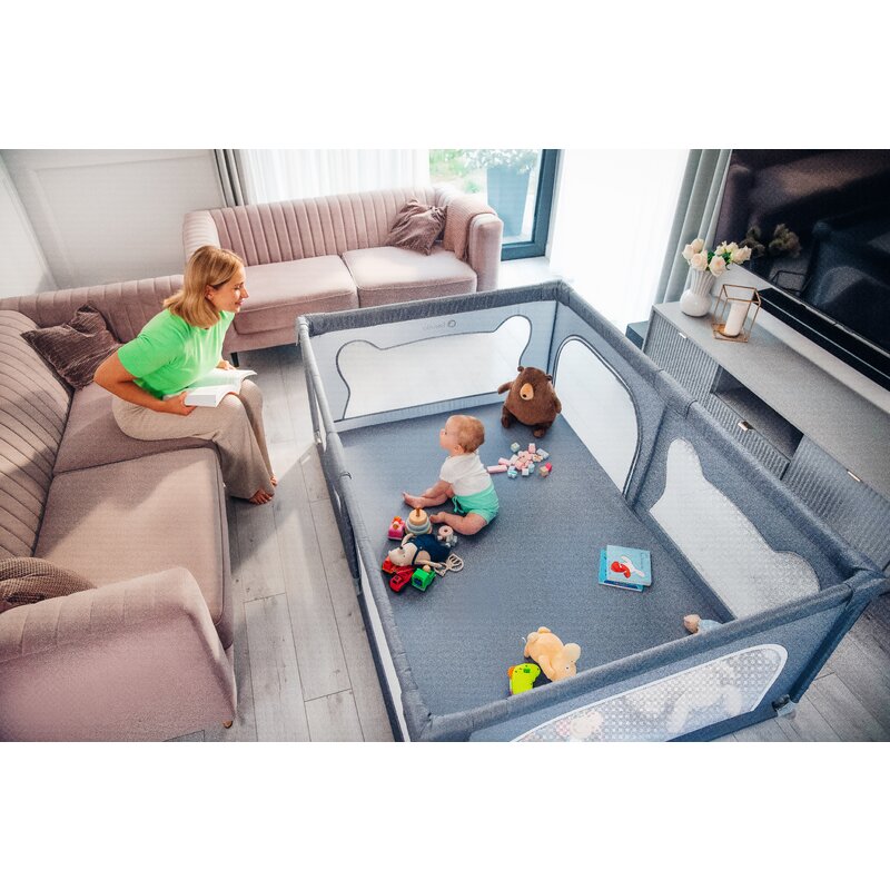 Tarc de joaca copii, Lionelo, Willow, 127 x 187 cm, Pliere compacta, Include geanta de transport, Din plasa, Cu doua intrari laterale si fermoar, Cu ventuze pentru stabilitate, Conform cu EN 12227:2010, Gri - gogobaby.ro