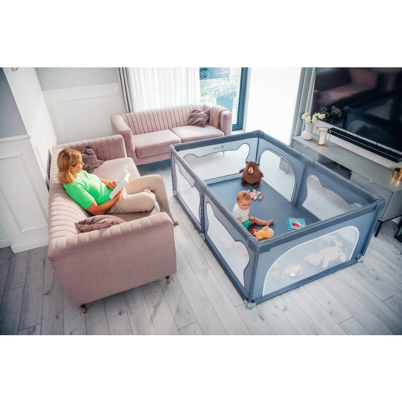 Tarc de joaca copii, Lionelo, Willow, 127 x 187 cm, Pliere compacta, Include geanta de transport, Din plasa, Cu doua intrari laterale si fermoar, Cu ventuze pentru stabilitate, Conform cu EN 12227:2010, Gri - gogobaby.ro