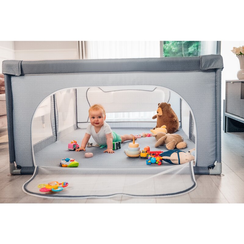 Tarc de joaca copii, Lionelo, Willow, 127 x 187 cm, Pliere compacta, Include geanta de transport, Din plasa, Cu doua intrari laterale si fermoar, Cu ventuze pentru stabilitate, Conform cu EN 12227:2010, Gri - gogobaby.ro
