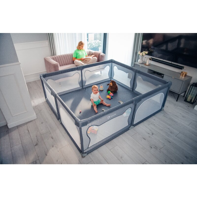 Tarc de joaca copii, Lionelo, Willow, 127 x 187 cm, Pliere compacta, Include geanta de transport, Din plasa, Cu doua intrari laterale si fermoar, Cu ventuze pentru stabilitate, Conform cu EN 12227:2010, Gri - gogobaby.ro