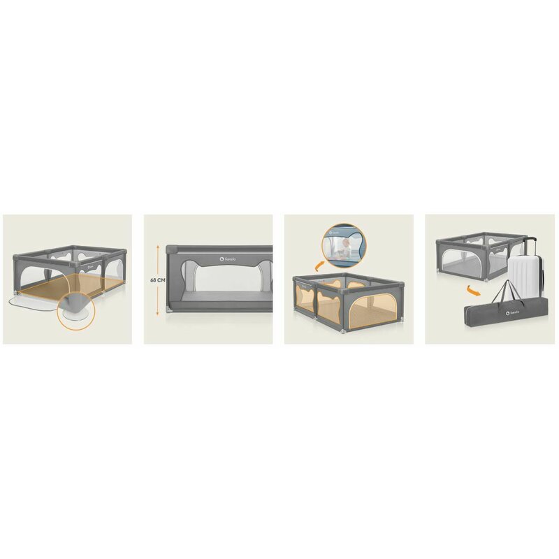 Tarc de joaca copii, Lionelo, Willow, 127 x 187 cm, Pliere compacta, Include geanta de transport, Din plasa, Cu doua intrari laterale si fermoar, Cu ventuze pentru stabilitate, Conform cu EN 12227:2010, Gri - gogobaby.ro