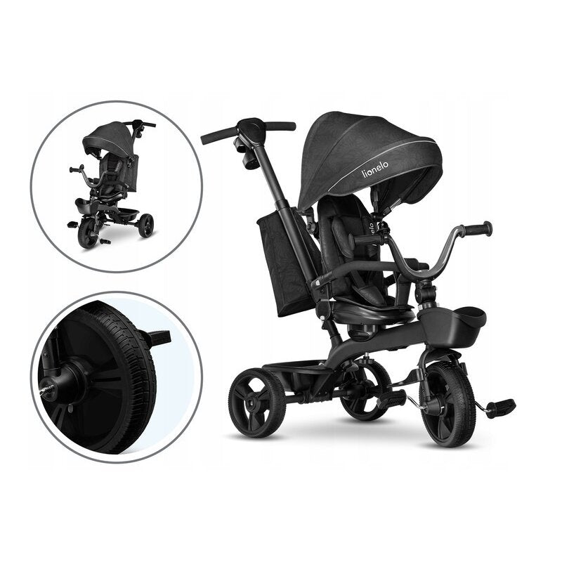 Tricicleta copii, Lionelo, Kori, Ultrapliabila, Multifunctionala, Cu suport de picioare, Control al directiei, Scaun reversibil, Rotire 360 grade, Conform cu standardul european de securitate EN71, Grey Stone - gogobaby.ro