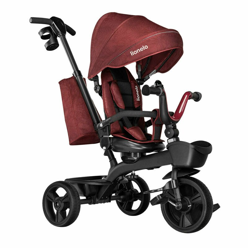 Tricicleta copii, Lionelo, Kori, Ultrapliabila, Multifunctionala. Cu suport de picioare, Control al directiei, Scaun reversibil, Rotire 360 grade, Conform cu standardul europeane de securitate EN71, Red Burgundy