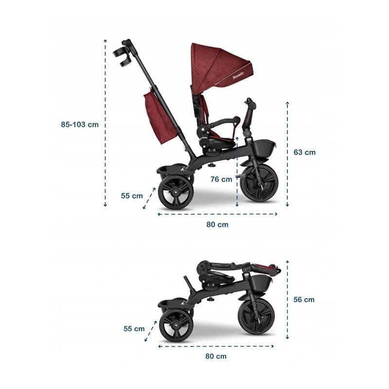 Tricicleta copii, Lionelo, Kori, Ultrapliabila, Multifunctionala. Cu suport de picioare, Control al directiei, Scaun reversibil, Rotire 360 grade, Conform cu standardul europeane de securitate EN71, Red Burgundy - gogobaby.ro