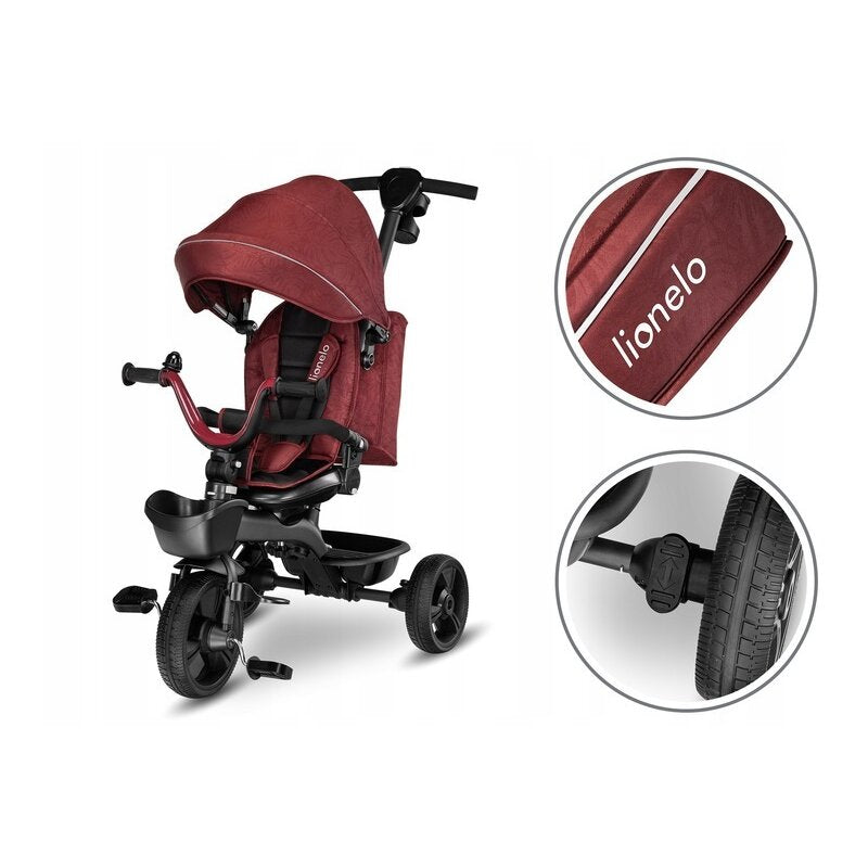 Tricicleta copii, Lionelo, Kori, Ultrapliabila, Multifunctionala. Cu suport de picioare, Control al directiei, Scaun reversibil, Rotire 360 grade, Conform cu standardul europeane de securitate EN71, Red Burgundy - gogobaby.ro