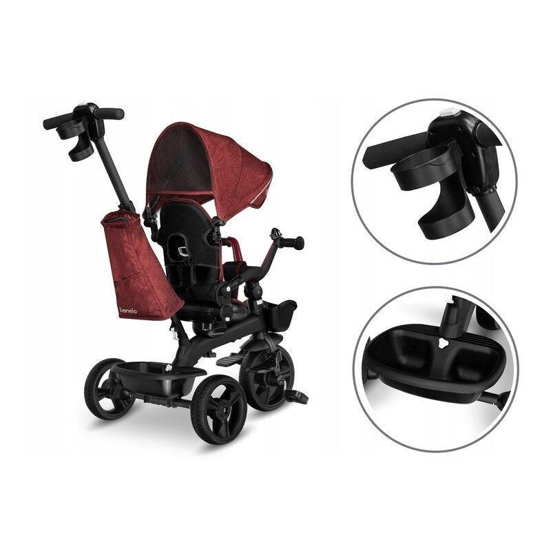 Tricicleta copii, Lionelo, Kori, Ultrapliabila, Multifunctionala. Cu suport de picioare, Control al directiei, Scaun reversibil, Rotire 360 grade, Conform cu standardul europeane de securitate EN71, Red Burgundy - gogobaby.ro
