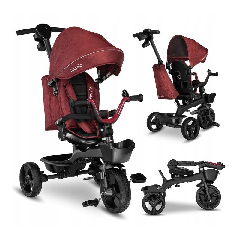 Tricicleta copii, Lionelo, Kori, Ultrapliabila, Multifunctionala. Cu suport de picioare, Control al directiei, Scaun reversibil, Rotire 360 grade, Conform cu standardul europeane de securitate EN71, Red Burgundy - gogobaby.ro