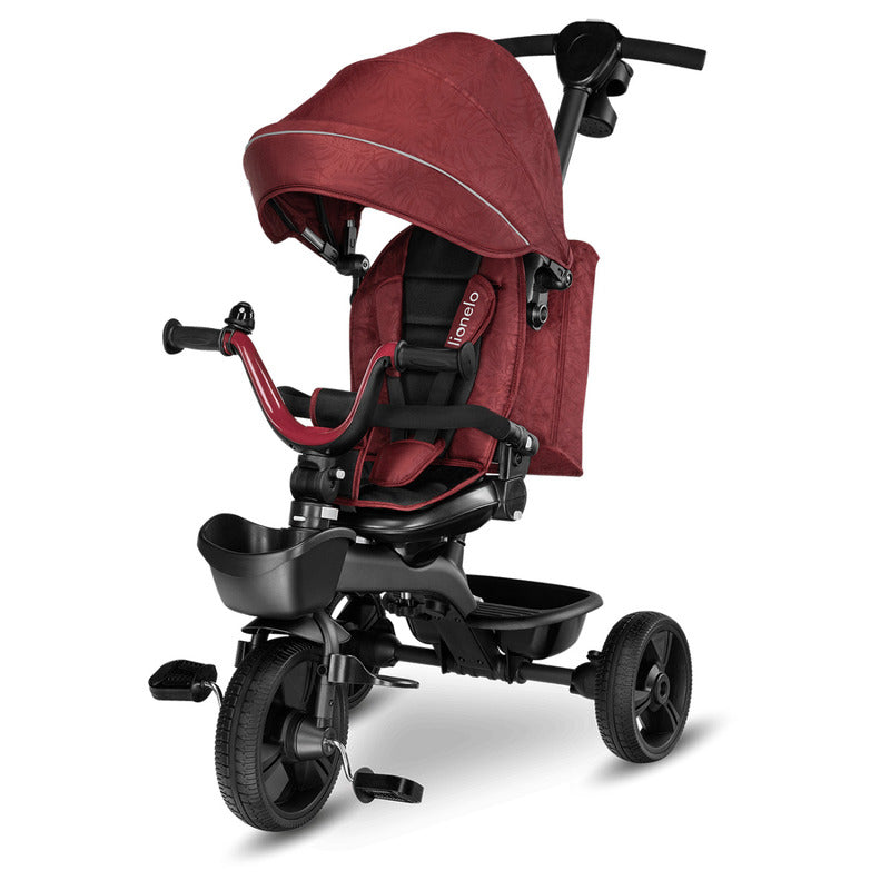 Tricicleta copii, Lionelo, Kori, Ultrapliabila, Multifunctionala. Cu suport de picioare, Control al directiei, Scaun reversibil, Rotire 360 grade, Conform cu standardul europeane de securitate EN71, Red Burgundy - gogobaby.ro