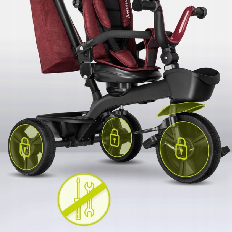 Tricicleta copii, Lionelo, Kori, Ultrapliabila, Multifunctionala. Cu suport de picioare, Control al directiei, Scaun reversibil, Rotire 360 grade, Conform cu standardul europeane de securitate EN71, Red Burgundy - gogobaby.ro