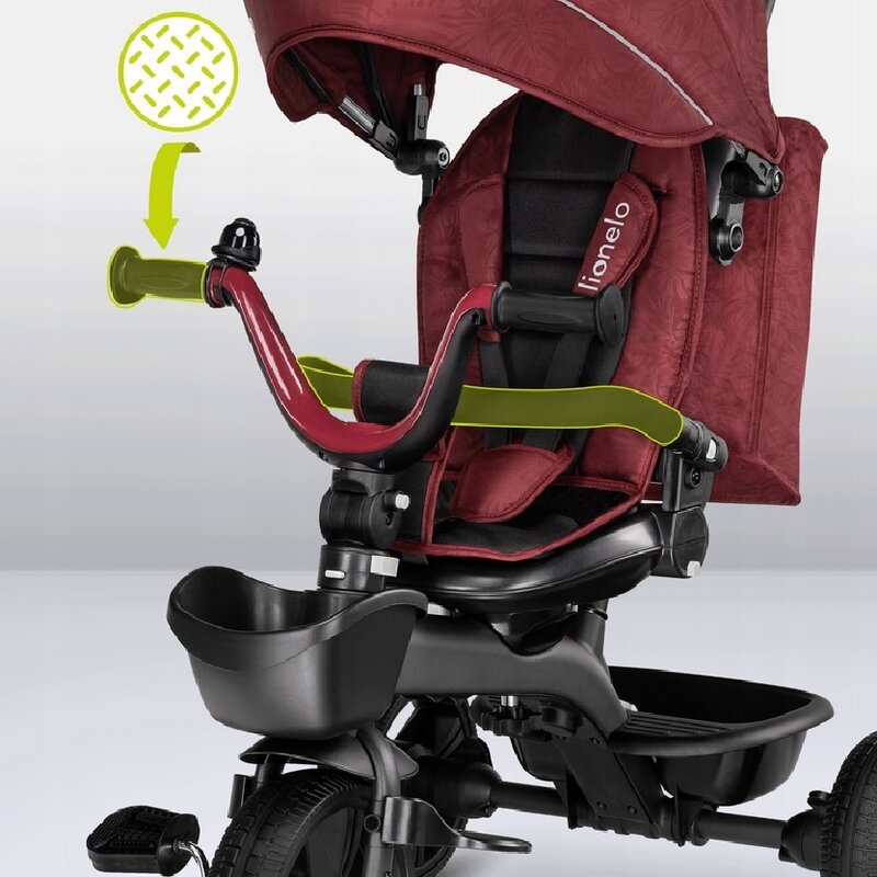 Tricicleta copii, Lionelo, Kori, Ultrapliabila, Multifunctionala. Cu suport de picioare, Control al directiei, Scaun reversibil, Rotire 360 grade, Conform cu standardul europeane de securitate EN71, Red Burgundy - gogobaby.ro