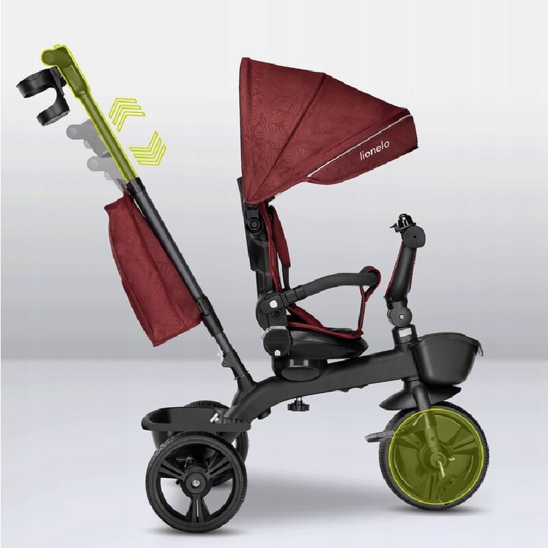 Tricicleta copii, Lionelo, Kori, Ultrapliabila, Multifunctionala. Cu suport de picioare, Control al directiei, Scaun reversibil, Rotire 360 grade, Conform cu standardul europeane de securitate EN71, Red Burgundy - gogobaby.ro