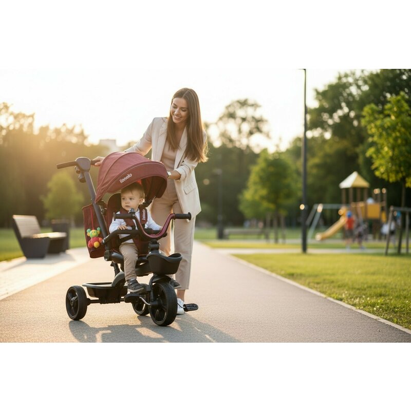 Tricicleta copii, Lionelo, Kori, Ultrapliabila, Multifunctionala. Cu suport de picioare, Control al directiei, Scaun reversibil, Rotire 360 grade, Conform cu standardul europeane de securitate EN71, Red Burgundy - gogobaby.ro