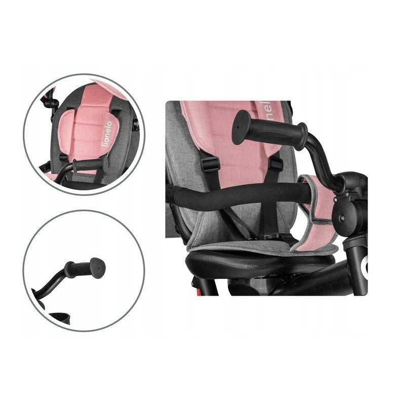 Tricicleta copii, Lionelo, Haari, Ultrapliabila, Multifunctionala, Suport picioare, Control al directiei, Scaun reversibil, Rotire 360 grade, Conform cu standardul european de securitate EN71, Bubblegum - gogobaby.ro