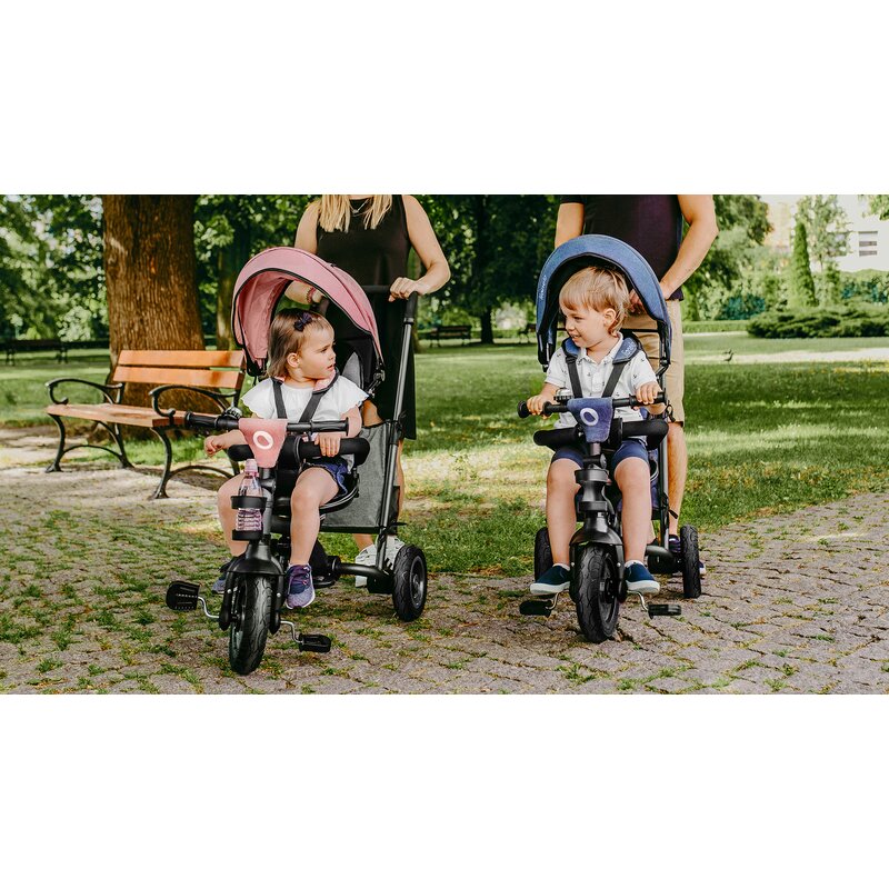 Tricicleta copii, Lionelo, Tris, Ultrapliabila, Multifunctionala. Mecanism de pedalare libera, Suport picioare, Control al directiei, Scaun reversibil, Rotire 360 grade, Conform cu standardul europeane de securitate EN71, Roz/Gri