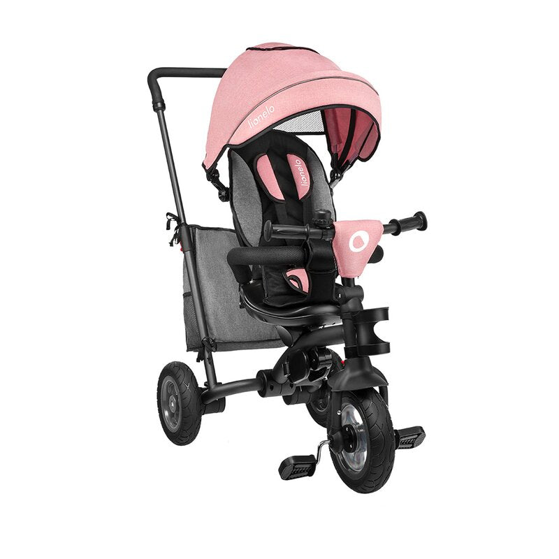 Tricicleta copii, Lionelo, Tris, Ultrapliabila, Multifunctionala. Mecanism de pedalare libera, Suport picioare, Control al directiei, Scaun reversibil, Rotire 360 grade, Conform cu standardul europeane de securitate EN71, Roz/Gri - gogobaby.ro