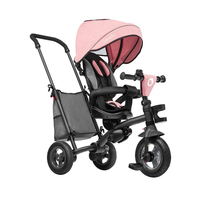Tricicleta copii, Lionelo, Tris, Ultrapliabila, Multifunctionala. Mecanism de pedalare libera, Suport picioare, Control al directiei, Scaun reversibil, Rotire 360 grade, Conform cu standardul europeane de securitate EN71, Roz/Gri